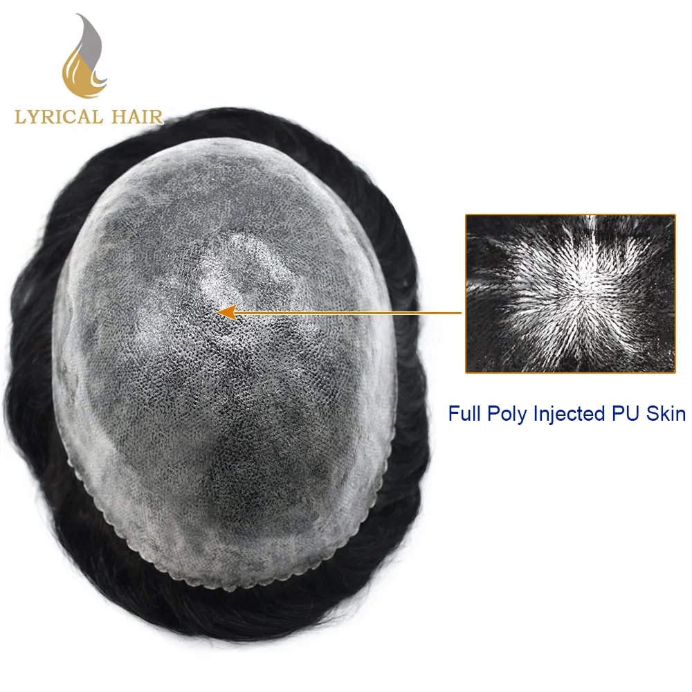Human Hair Toupee Male Hair Prosthesis Mens Full Poly Skin 0.10mm Injection Pu Human Hair System for Hair Loss Solution