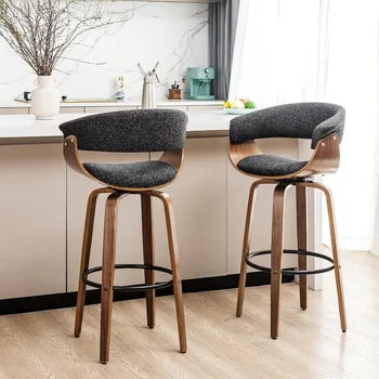 Swivel Counter Stools Set of 2, Upholstered Fabric Counter Chairs with Back& Footrest, Walnut Wood Frame Bar Stools