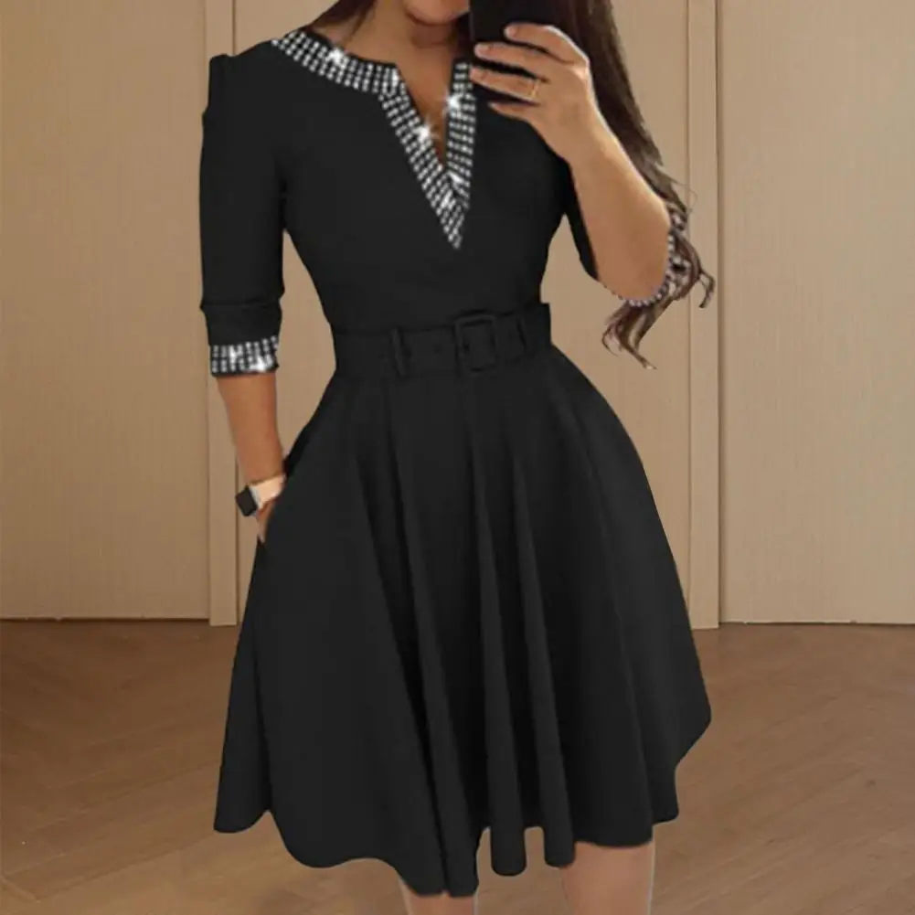 

Rhinestones Short Dress Elegant V-neck Rhinestone Mini Dress with Belt Pockets Party Swing Hem Dress for Women with 3/4 Sleeves