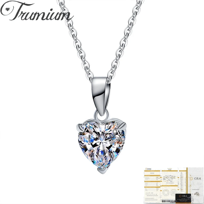 Trumium 1ct D Color VVS Heart Moissanite Necklace for Women 925 Sterling Silver Love Pendant Wedding Fine Jewelry Gift for Her