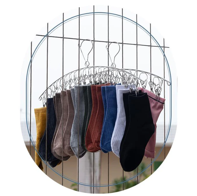 Stainless Steel Sock Rack With Windproof Curved 16-Clip Clothes Rack With 16 Clips Multi Functional Dual-Purpose Clothes Rack 5