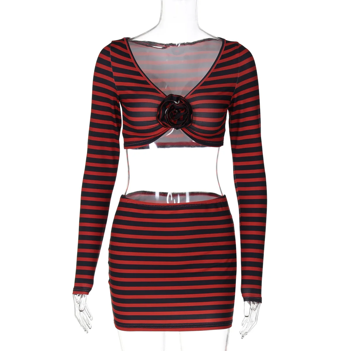 Autumn Striped 2 Piece-Set Skirt Women's Floral V-Neck Fashion Cropped Top And Sexy Skirt Outfits Tracksuit Female Sets
