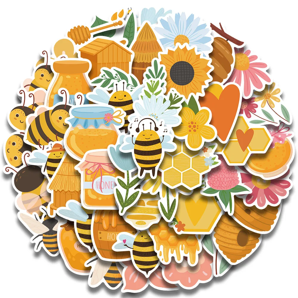 50pcs Cute Cartoon Honey Bee Flower Stickers For Luggage Guitar Phone Skateboard Waterproof Graffiti Laptop Decals Kids Toy