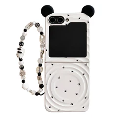 Kawaii Cat Paw Print Magnetic Phone Case with Magsafe and Panda Stand Chain - Cute  Cover - Galaxy Z Flip5 (Case with Chain)
