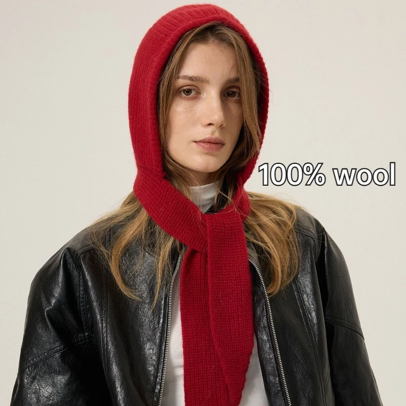 Ins New 100% Wool Hood Scarf Balaclava Hat Winter Ear 
