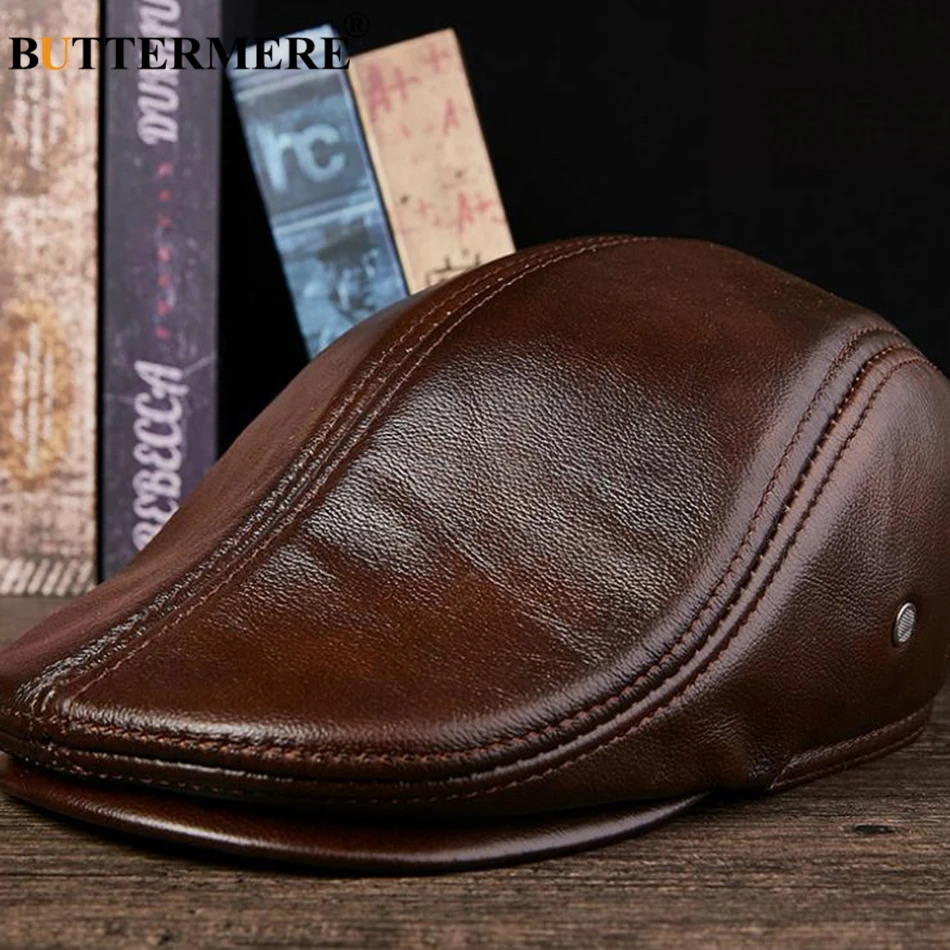 BUTTERMERE Flat Caps Men Real Leather Duckbill Hats Berets Earflaps Black Casual Directors Cap Male Vintage Winter Driving Caps 4