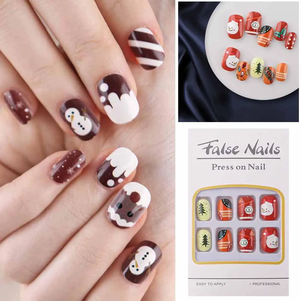 

Christmas New Purple Rabbit Cute Short False Nails Fake Snowman Design Wearable On Art Nail Press Pattern Tips Nails Elk W9O5