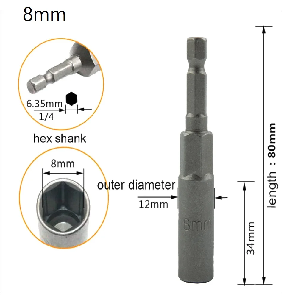 

1/4'' Hex Drive Socket 80mm Extra Deep 5.5-19mm Dia Nut Driver Socket Bit For Electric Impact Nut Bolt Screwdriver Drill Bits