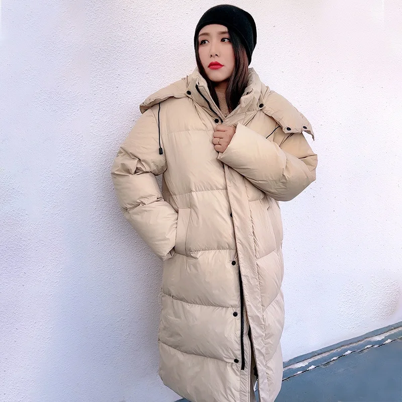 Long length large size down jacket women's new winter fashion version of loose and thick warm hooded white duck  down coat