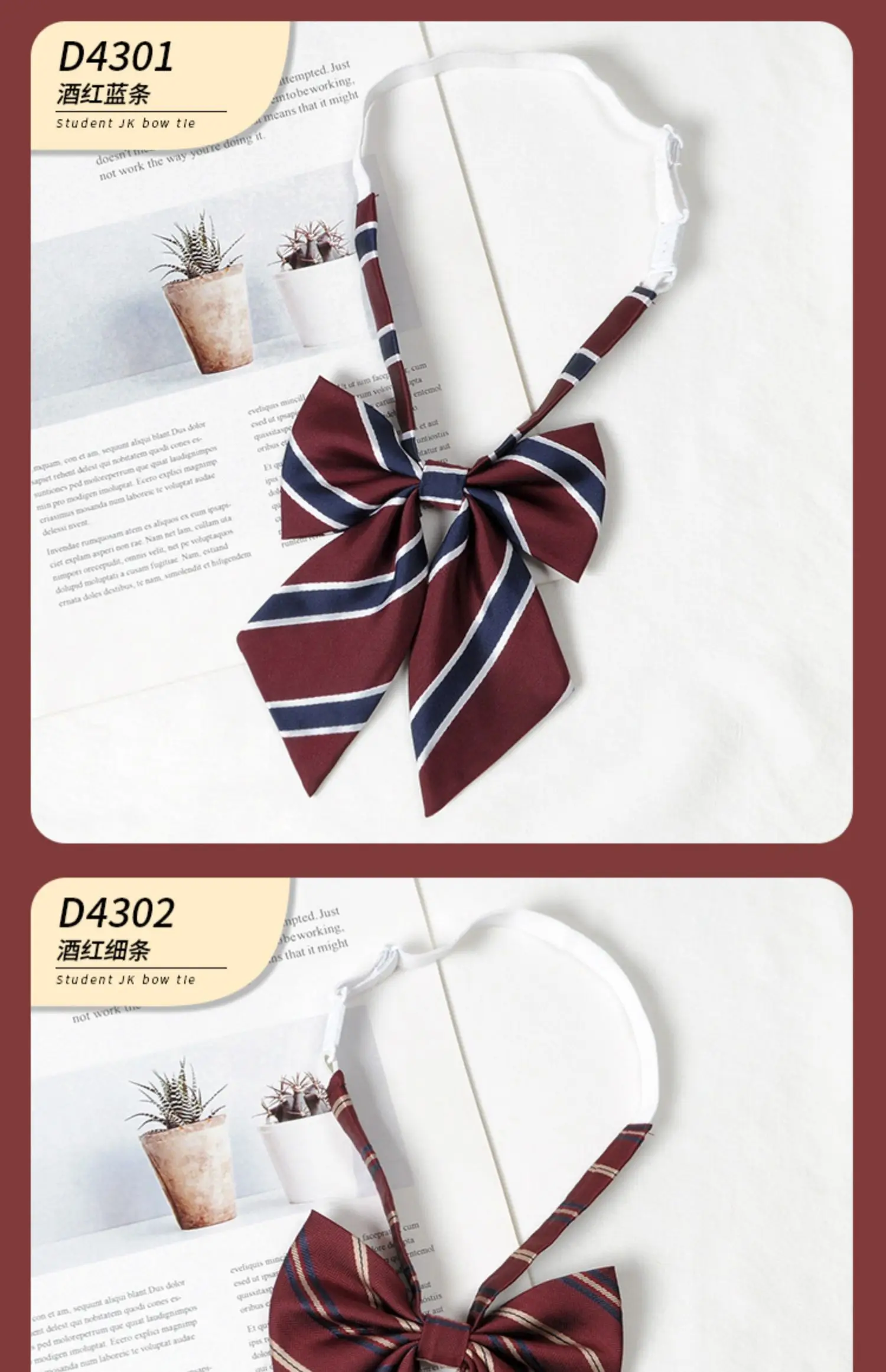 Multiple striped bow ties displayed on white and book background