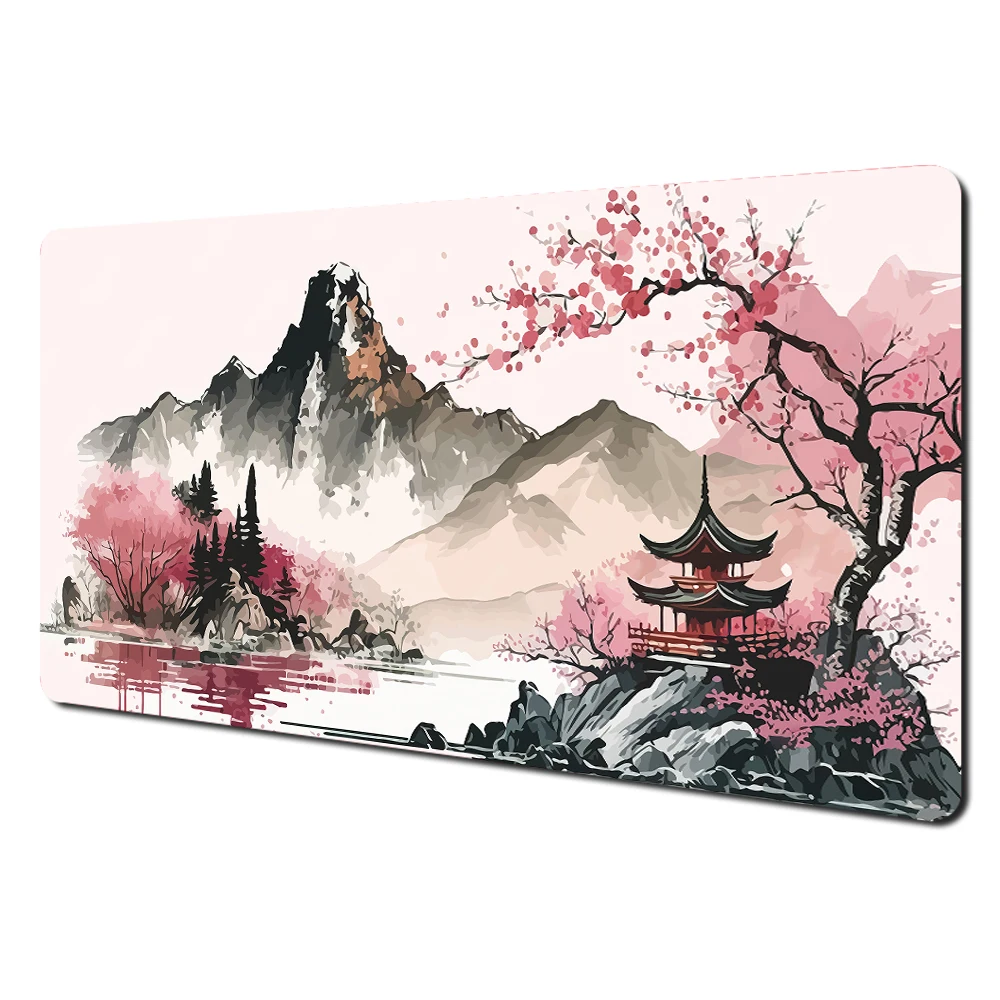 Mount Fuji Cherry Blossom Art Large Desk Mat - Stitched Edge Non-Slip Durable MousePad