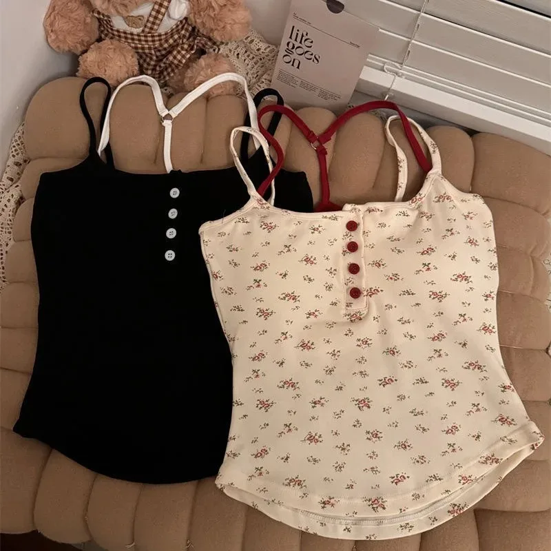 Women's Floral Button Front Bralette Built-in Padded Cups Y2K Summer Beachwear Adjustable Straps Sexy Open Back Outerwear 가터벨