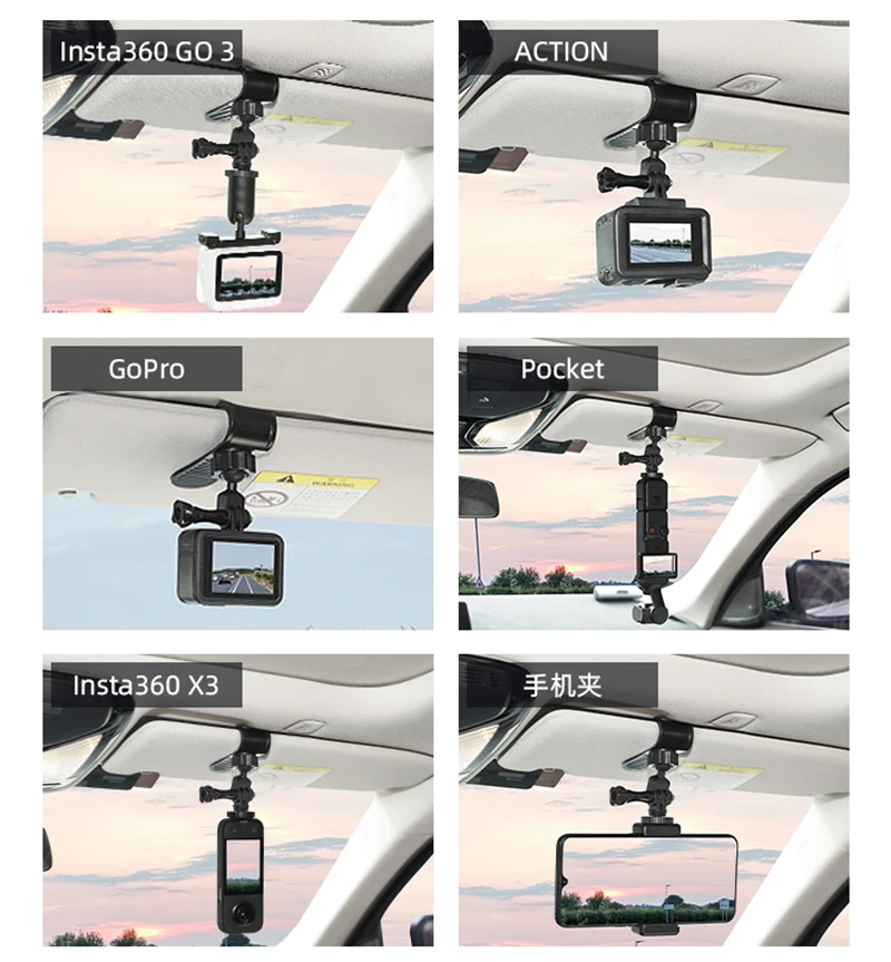 Caméra d'action fixée au support voiture GoPro, angle de vue depuis le pare-soleil pour un enregistrement POV.
