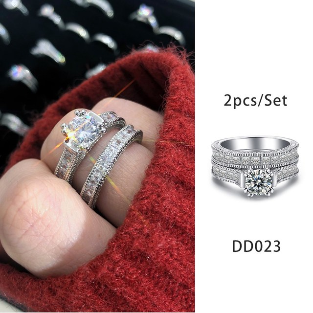 Luxury Diamond Promise Ring Set for Women Bridal Silver Color Big Zircon Proposal Marriage Wedding Cocktail Ring Jewelry