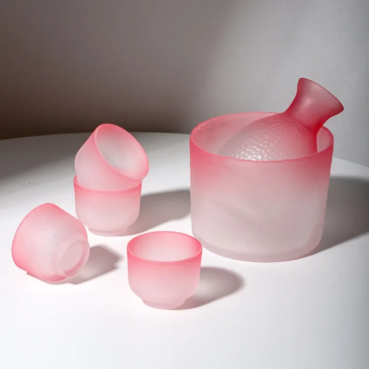 Japanese Glass Bar Sets Sake Pot Frosted Pink Wine Dispenser Chinese Baijiu Soju Shot Glass Flask Barware Kitchen Accessories