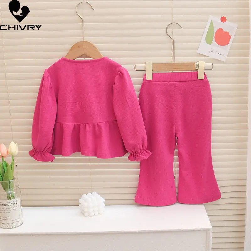 Girls Fashion Clothing Sets New 2023 Baby Girl Spring Cute Bowknot Long Sleeve O-neck Solid Coat with Pants Kids Casual Clothes