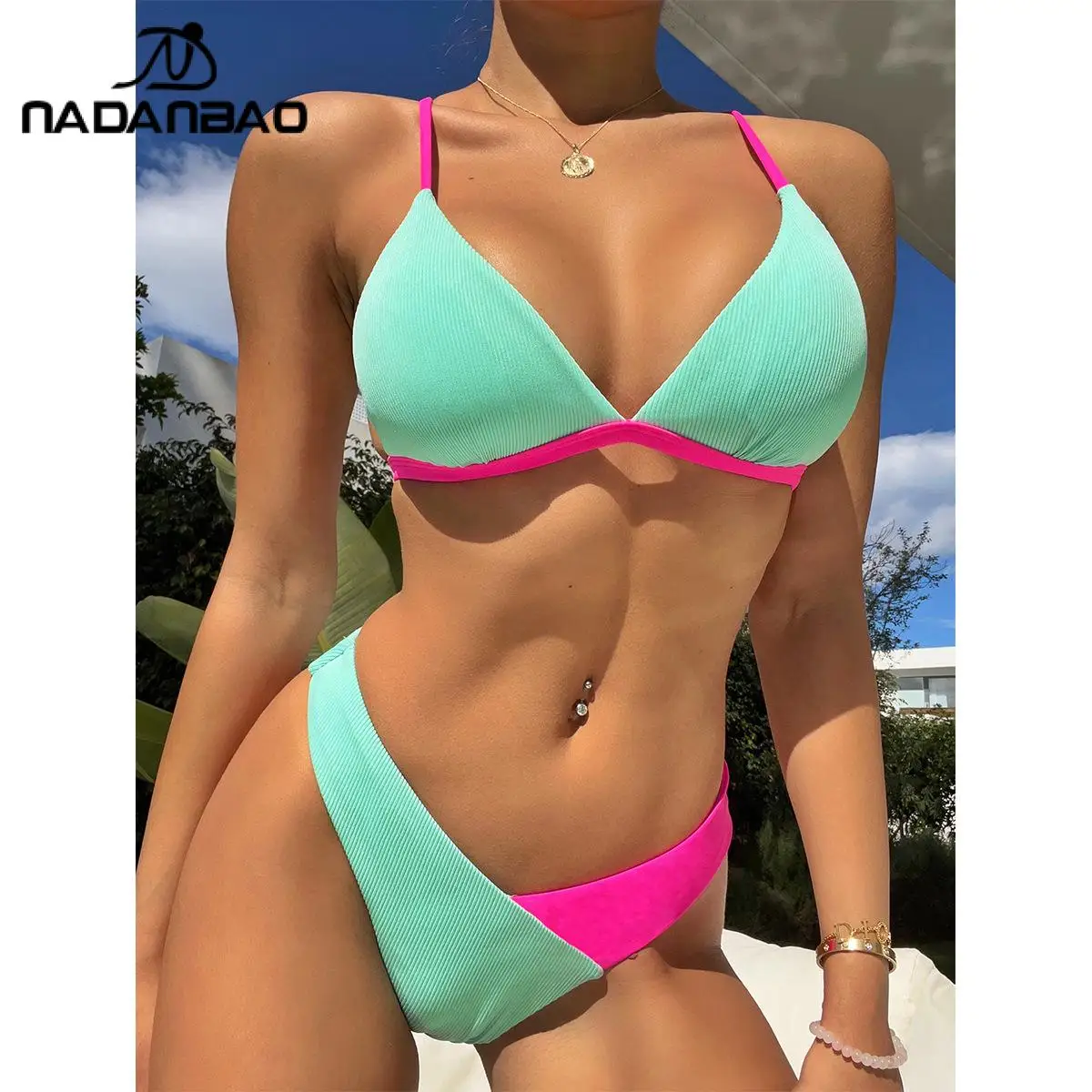 

Nadanbao Sexy Two-Piece Bikini Swimsuits Woman Swimwear Color Match Motion Swimwear Female Summer Backless Fashion Bikinis