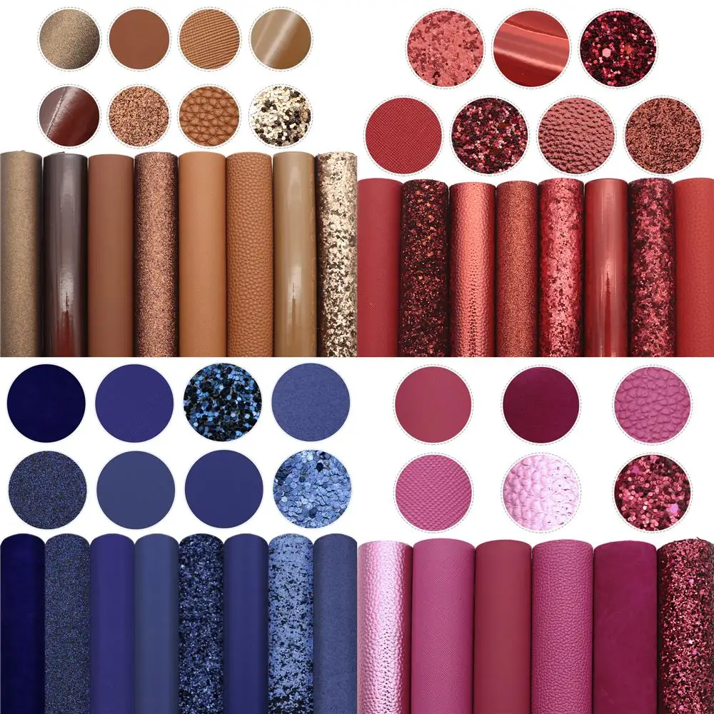 Chunky Glitter Faux Leather Sheets Solid Color Synthetic Leather Fabric Set for DIY Handmade Bags Earrings Bows Sewing Material