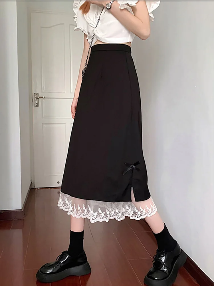 

Skirts WomenL Black High Waist Spring Fashion Lace Patchwork New Ladies Faldas Casual Bow Design Colleges Autumn Ulzzang