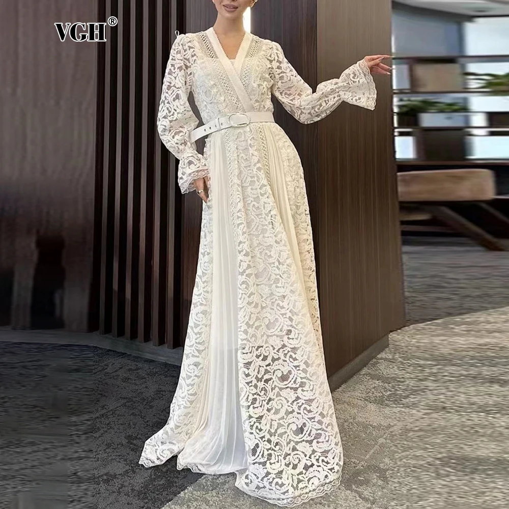 VGH Elegant White Dress For Women Lapel Long Sleeve High Waist Solid Ruched Minimalist Midi Dresses Female Summer Clothing 2022