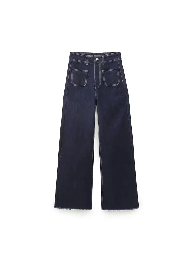 

TRAF Women's Pant Jeans Vintage High Waist Zipper Women Patch Pocket Marine Jeans New Casual Trousers Wide Leg Jeans