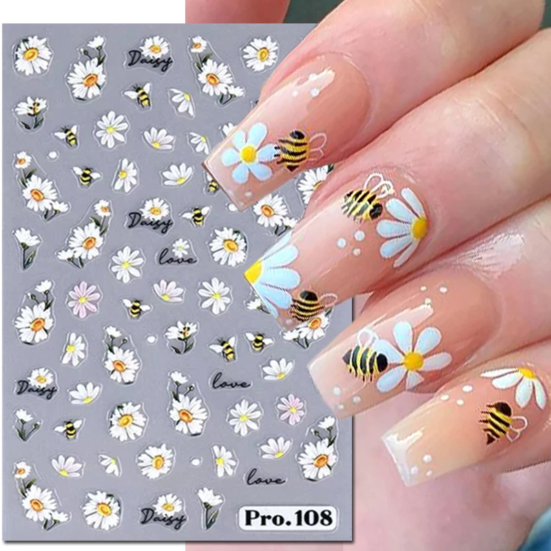 5d Emboss Nail Art Stickers Summer White Daisy Flowers Bees Adhesive Sliders Nail Decals For Manicure Tips Accessories nail stickers nail art decoration nail decals flower stickers