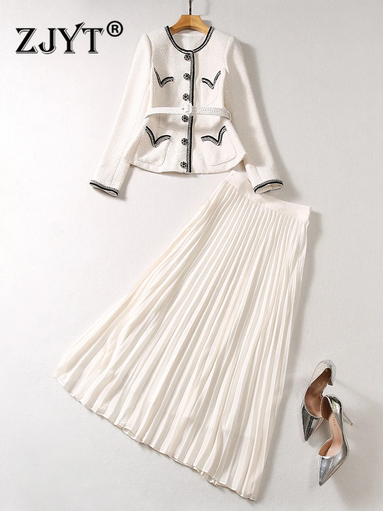 

ZJYT Beading Tweed Woolen Jacket and Pleated Skirt Suit Two Piece for Women 2023 Fall Winter Dress Sets Party White Conjuntos