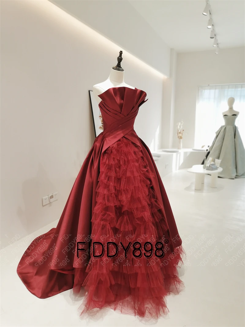 Robe De Soirée Ceremonie Princesse Simple Longue Rouge Satin Avec Bretelle