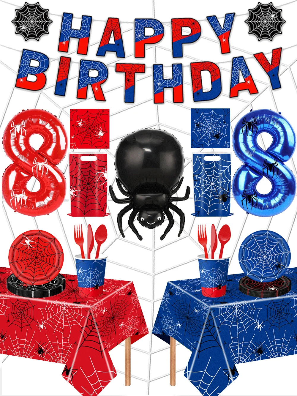 Spinnen-Party-Teller, Servietten, Tischdecke, Halloween, Spinnennetz, Spinnen, numerische Folienballons, Geburtstagsparty-Dekorationen mit Spinnenmotiv – Detail 1