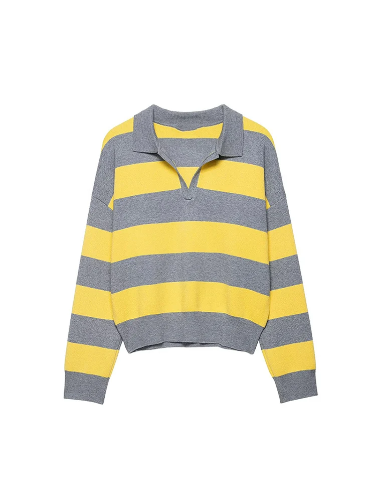 Women Striped Long-sleeved Sweater Fashion Polo Collar Loose Pullover Tops Casual Spring Autumn Ladies Long Sleeve Sweater