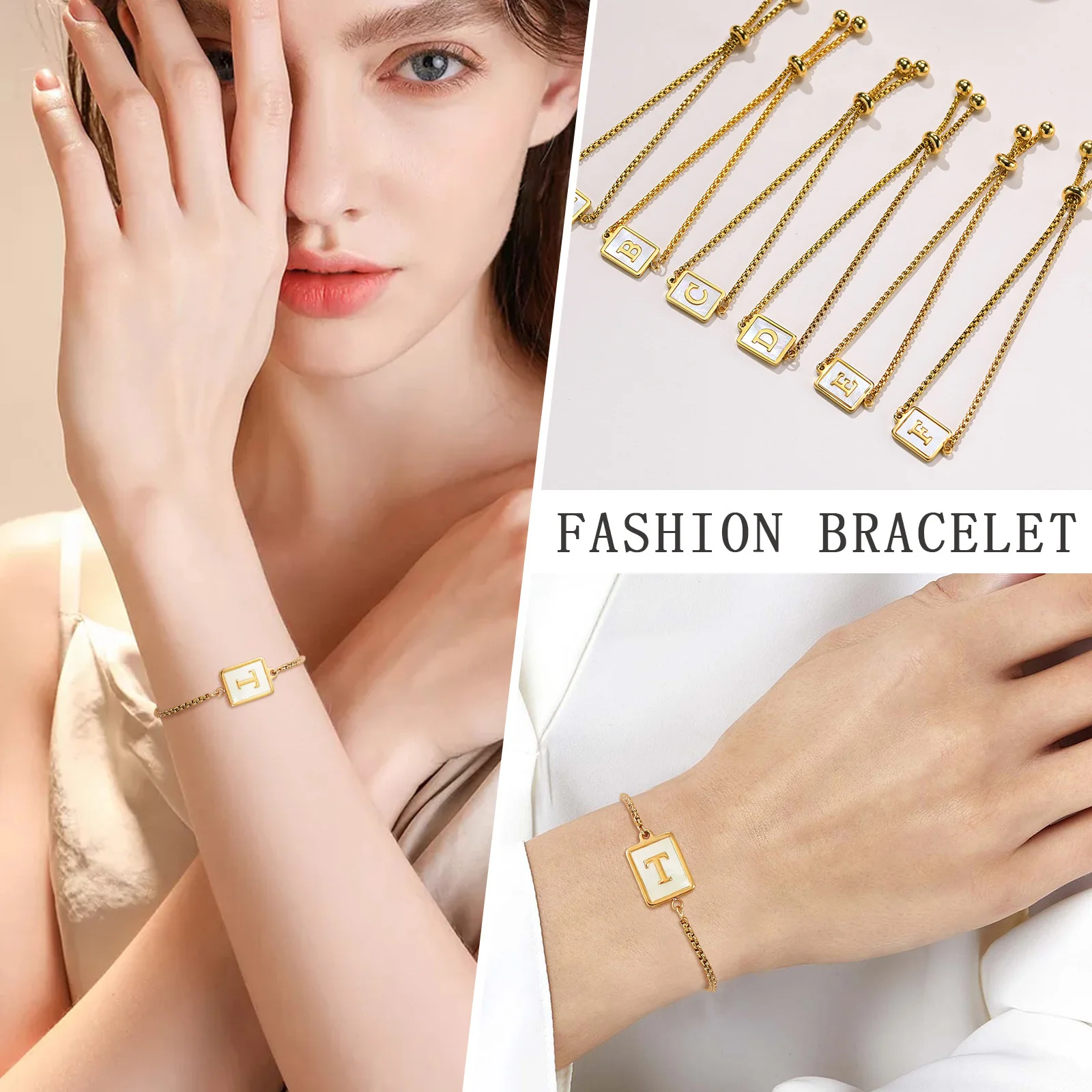 Vnox A-Z Initial Bracelets for Women,Gold Color Stainless Steel Adjustable Chain Bracelets, 26 Alphabet Letters