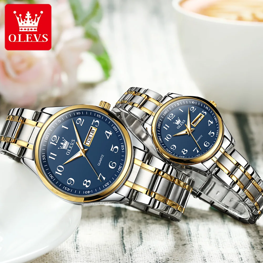 OLEVS 5567 Luxury Quartz Couple Watch for Men and Woman Stainless Steel Lover Watches Fashion Gold  Watch Lover's Wristwatch Set