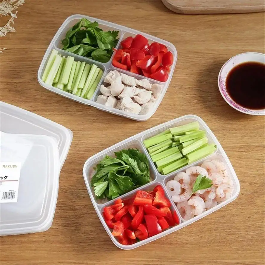 4 Grids Food Preparation Storage Box Compartment Freezer Organizers Sub-Packed Meat Onion Ginger Vegetable Preservation Boxs