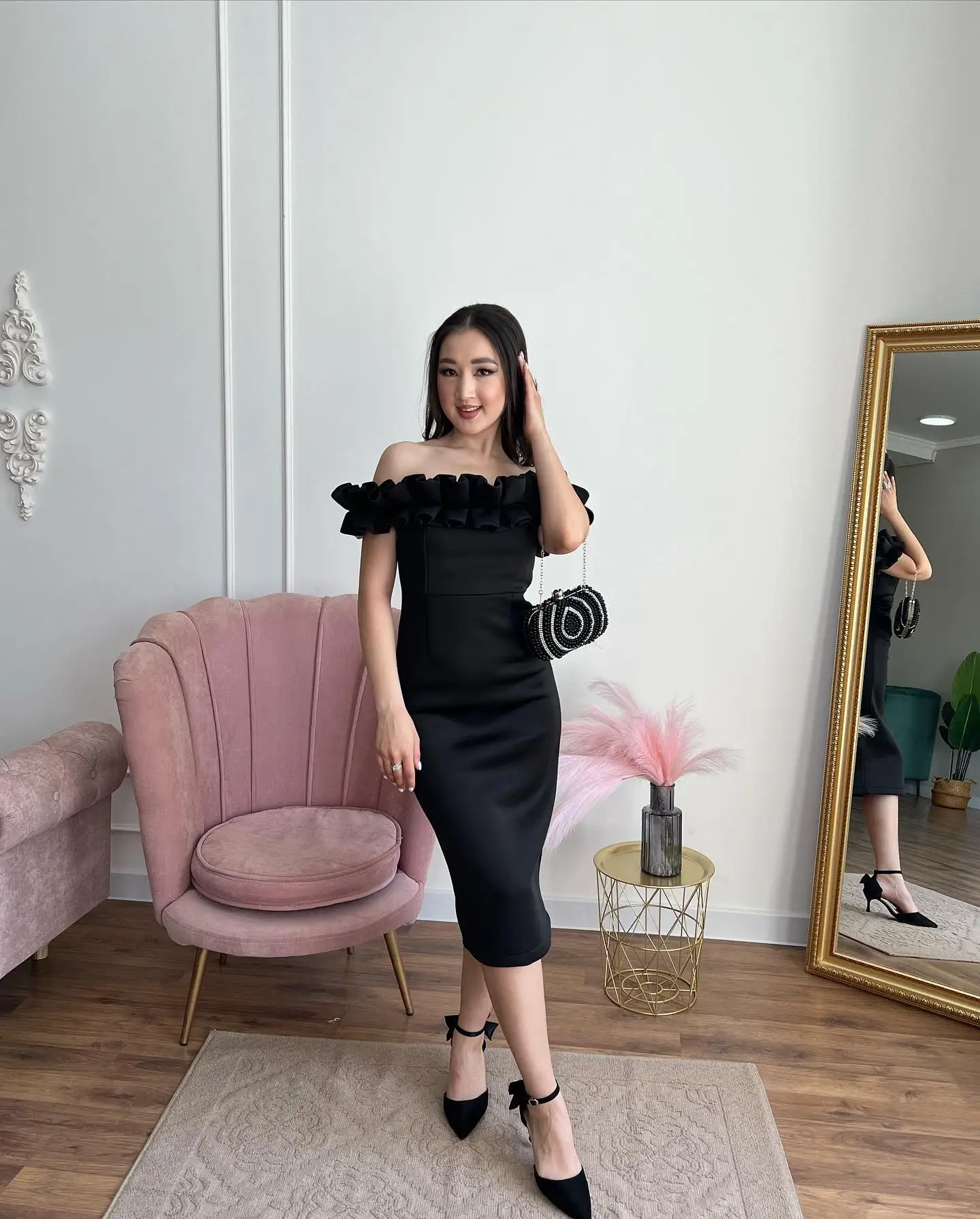 

Noble Black Off The Shoulder Neckline Prom Dress Short Sleeves With Tea Length Evening Elegant Party Dress For Women2023