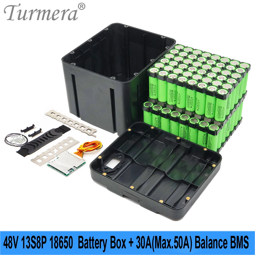 

Turmera 48V E-Bike Battery Box Case 13S8P 18650 Holder with 13S 30A 50A Balance BMS DC XT60 Plug Welding Nickel for Diy Pack Use