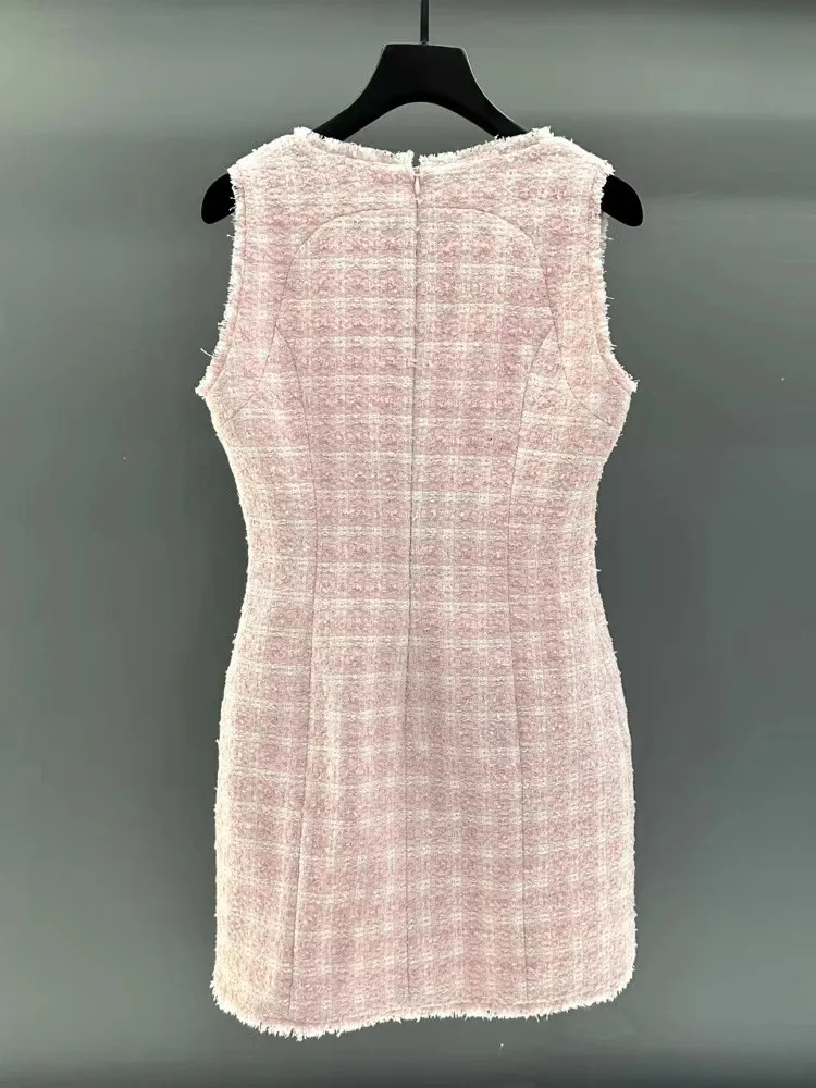 Fashion Tweed Summer Cherry Blossom Pink Dress Bead Single Breasted  Sleeveless Frayed Edges Slim Fit Back Zip Above knee Dresses - AliExpress  200000345