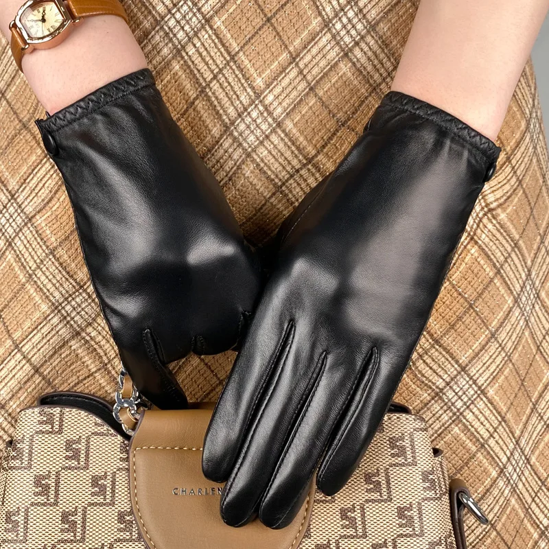 Spring Autumn Genuine Sheepskin Leather Gloves Light luxury Warm Touchscreen Texting Driving ladies Fashion Pink Black Gloves 2