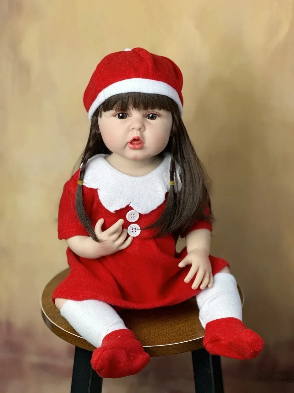 55cm Christmas Rebirth Doll Imitation  Little Red Hat  Full Glue Can Enter Water for Family  Girl Children's Toy