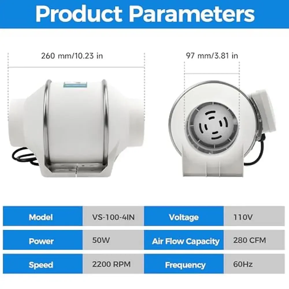 Inline Ventilation Exhaust Fan 4 Inch High Efficiency Air Vent Fan 280 CFM Duct Intake Bathroom Kitchen Grow Tent HVAC Quiet