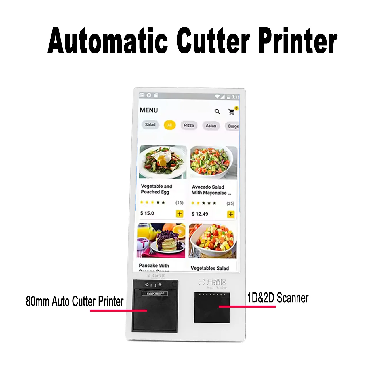 21.5 Inch Touch Screen Kiosk with 2D Scanner & 80mm Printe, Desktop Self Ordering Machine, Wall Mount Unattended Ordering POS