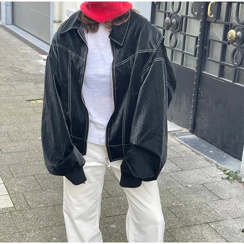 Vintage Solid Lapel Collar Zipper Women's Leather Jacket Casual Fashion Lapel Long Sleeve Coat 2024 Autumn Winter Outwear Tops