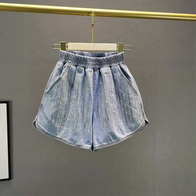 

Летние тонкие джинсовые шорты, новинка 2024, летние блестящие Популярные Широкие штаны, подходящие ко всему эластичные трапециевидные короткие джинсы с высокой талией