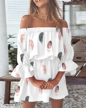 Feather Print Off The Shoulder Ruffle Dress Casual Flare Sleeve Elastic Waist A Line Short Dress For Women Vacation Beach Party 1