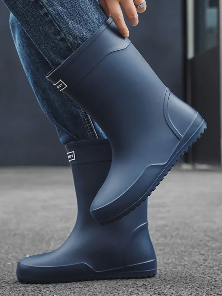 Men's Rain Boots Rubber Gumboots 2024 Slip on Mid-calf