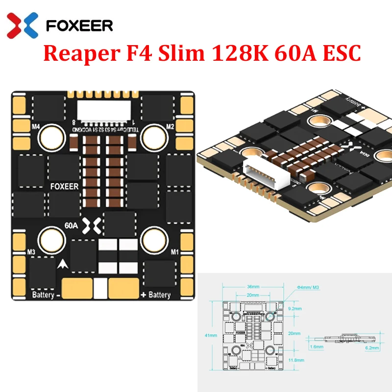

Foxeer Reaper F4 Slim Mini 4in1 ESC 128K 60A BLHeli32 3-8S LIPO DShot1200 Electronic Speed Controller 20×20mm for RC FPV Drone