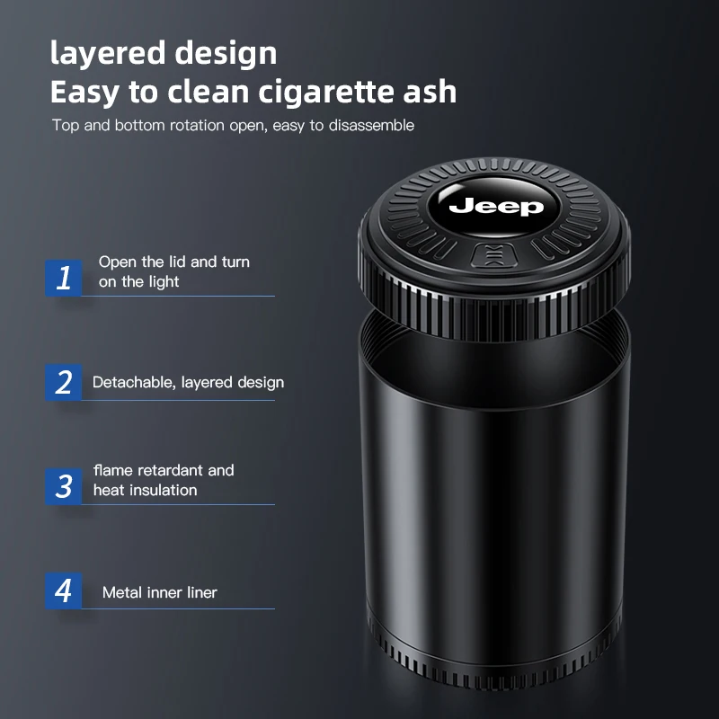 자동차 재떨이 뚜껑이 있는 안티 재떨이 LED 재떨이 Jeep Grand Cherokee Wrangler JK Gladiator Compass Renegade Wagoneer Avenger용