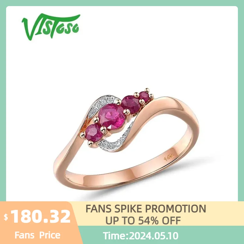 

VISTOSO Gold Rings For Women Genuine 14K 585 Rose Gold Ring Sparkling Red Ruby Diamond Trendy Wedding Fine Jewelry