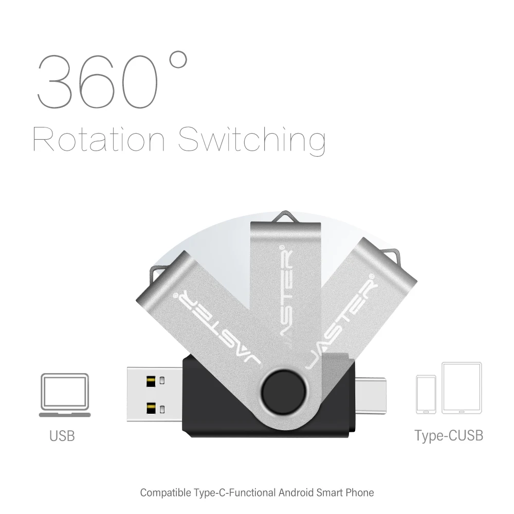 JASTER TYPE-C 2 in 1 USB 3.0 플래시 드라이브 128GB 다채로운 회전식 메모리 스틱 64GB 무료 맞춤형 로고 Pendrive 32GB 비즈니스 선물