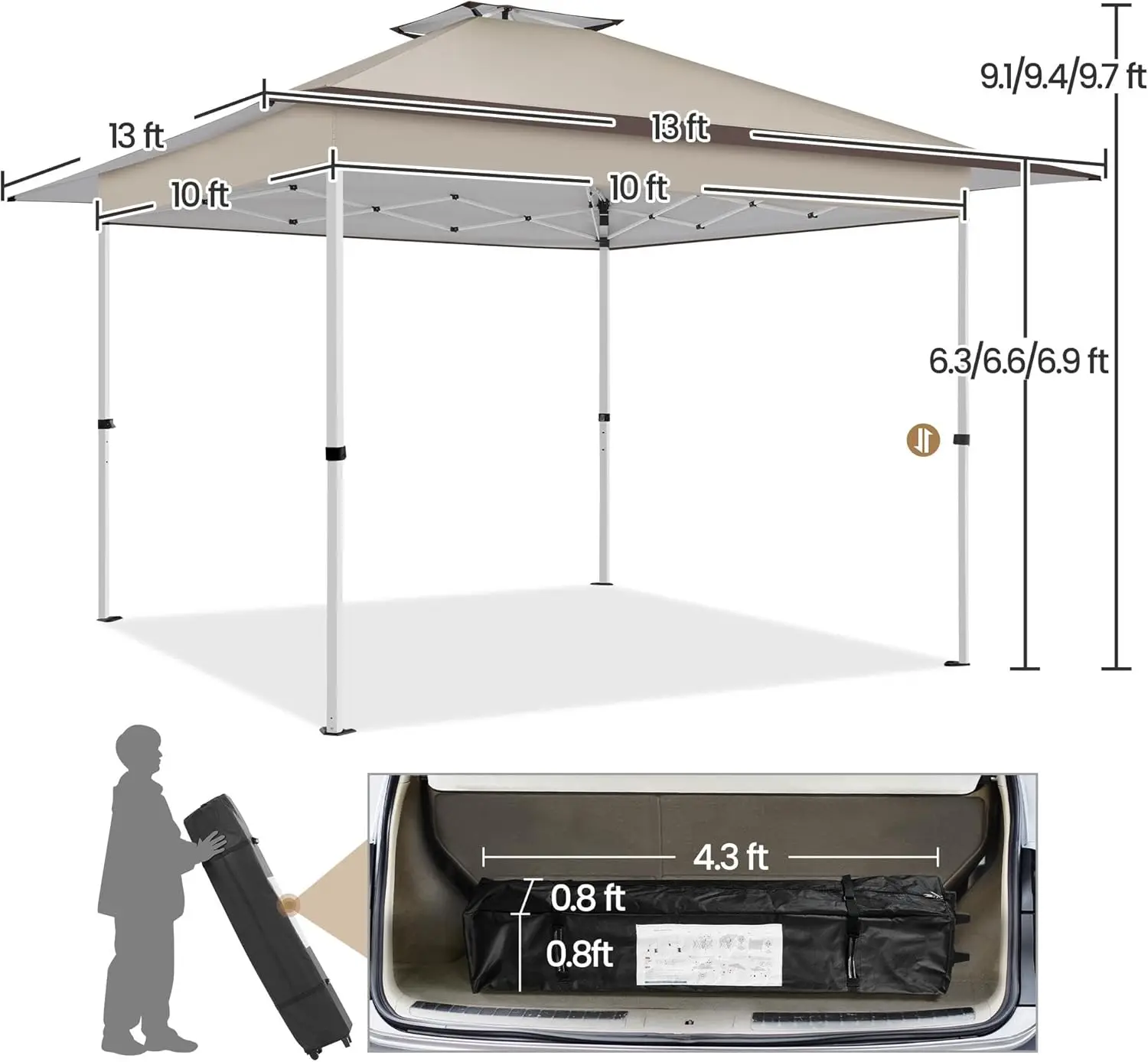13x13 Pop Up Canopy Tent, Straight Leg Easy Single Person Set-up Folding Shelter w/Extending Eaves w/Rolling Storage Bag
