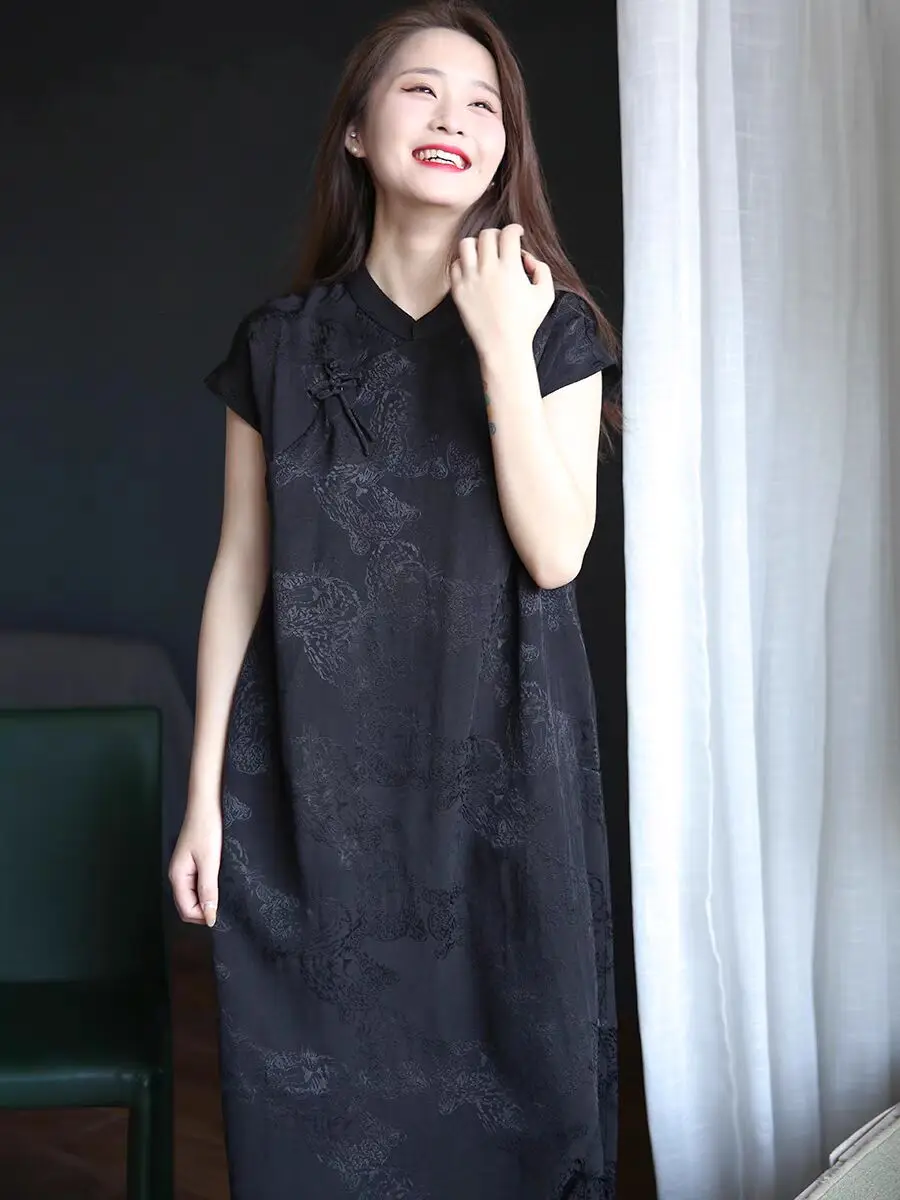 

2024 Summer Cotton and Hemp Women's Retro Button Jacquard Chinese Ethnic Style Dress Female Casual Loose Clothes F189